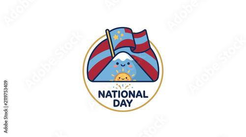 National Day Badge with Cute Smiling Mountain and Flag Vector Art