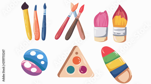 Colorful Illustrated Art Supplies Set With Paintbrushes Pencils Paint Jar And Triangular Mixing