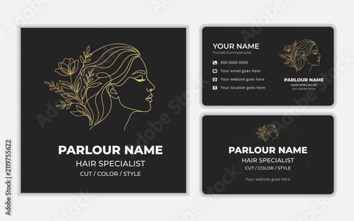 Floral ornament with woman s face gold line art on black background business card design