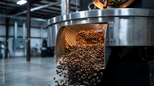 roasted coffee beans discharging from drum roaster | industrial coffee roasting process machine | fresh specialty coffee beans after roasting | coffee production equipment in warehouse facility
