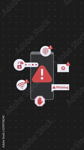 Phishing scam alert animation in vertical video format, showing cyberattack risks, fraud prevention, data security threats, and digital protection concepts for cybersecurity awareness.