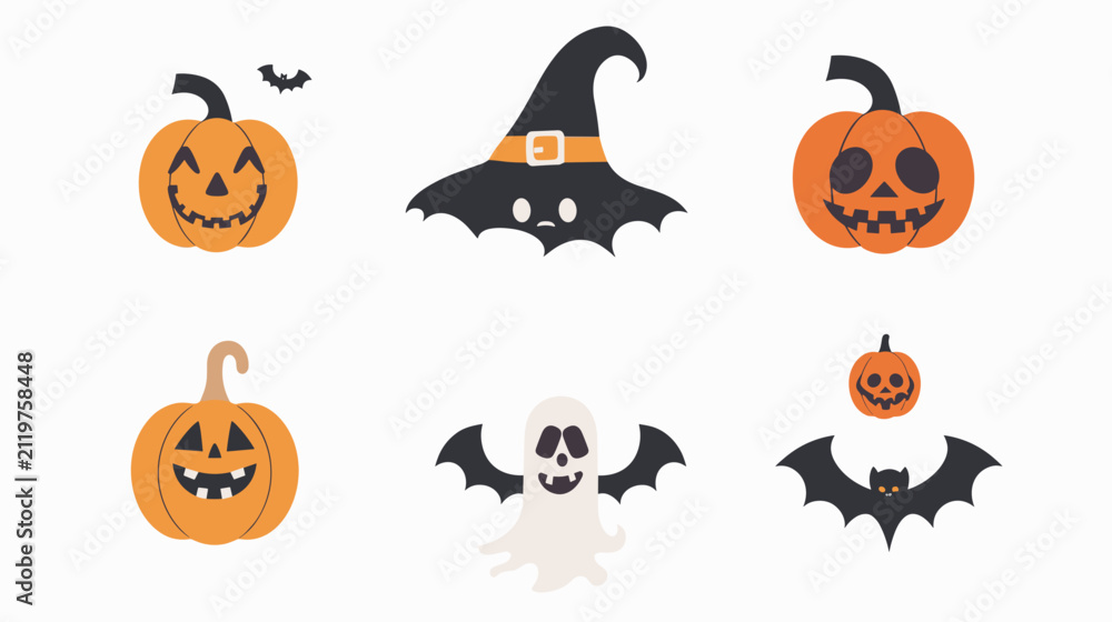 Fototapeta premium Playful Collection Of Carved Pumpkin Jack O Lanterns Witch Hat Ghost And Flying Bats On Pale Blue