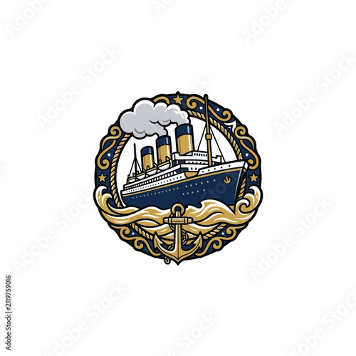 Принти на полотні Majestic Ocean Liner With Tall Smokestacks In An Ornate Circular Emblem Featurin