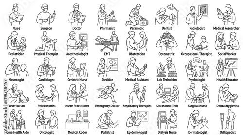 Bild auf Leinwand Collection of Line Art Icons Depicting Various Medical Professionals and Their Roles in Healthcare