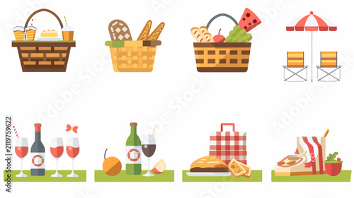 Cuadro en lienzo Variety Of Picnic Baskets With Food And Drinks In Outdoor Setting For Summer Gat