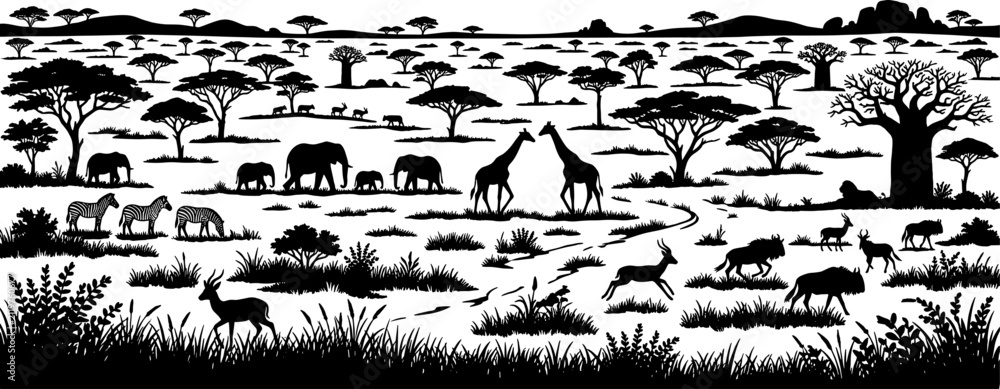 Obraz premium African safari savanna landscape with wild animals and acacia trees silhouette safari animals