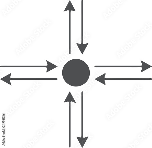 Central circle surrounded by bidirectional arrows indicating multi directional flow or data movement in digital environment for information exchange infographics.
