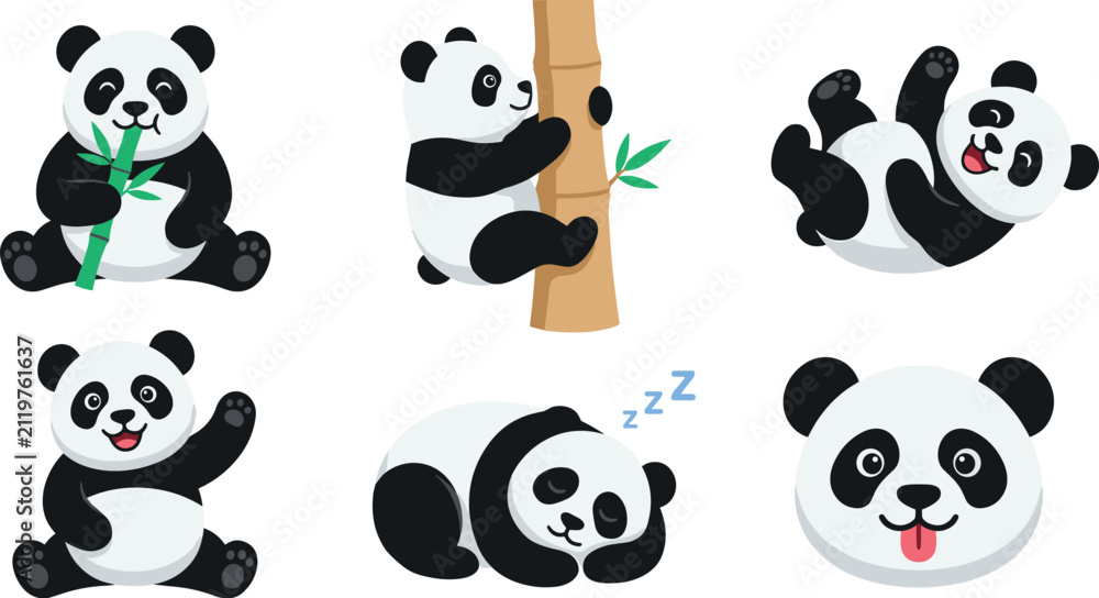 Obraz premium Cute giant panda bear vector illustration set featuring playful characters eating bamboo climbing tree sleeping rolling waving and funny head icon