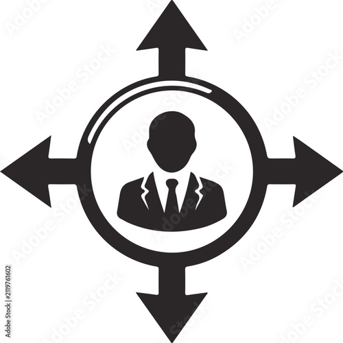 person icon with four arrows pointing in different directions, representing mobility, decisions, or career path concept.
