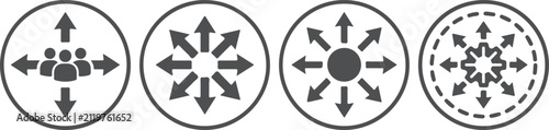Set of four circular icons featuring people communication flow and expanding network arrows for business management and team collaboration presentation slide deck.