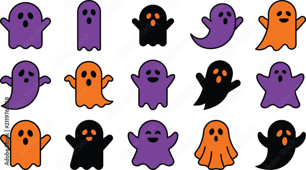 Obraz premium Collection of various spooky ghost characters in purple orange and black colors with diverse expressions for Halloween design isolated on white background