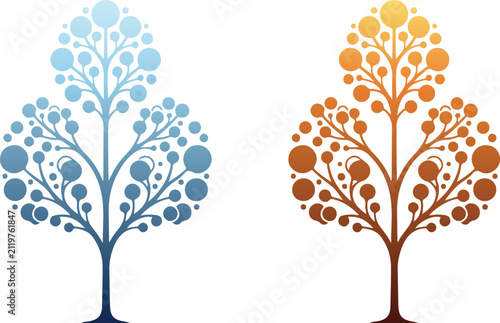 Two stylized trees with circular leaves in blue and orange gradients featuring symmetrical branch structures on transparent background for colorful nature designs.