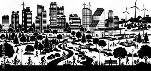 Eco friendly city skyline silhouette with tree integrated skyscrapers and wind turbines