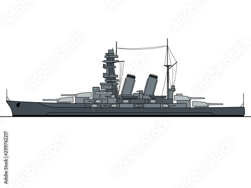 Fotografía WWII Era Naval Battleship Illustration Isolated on White