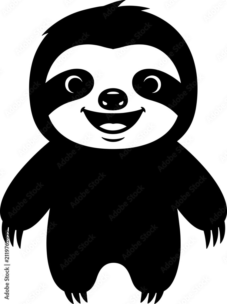 Fototapeta premium Happy cartoon sloth standing facing forward black and white vector illustration