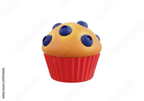 3D Cartoon Blueberry Muffin in Red Cupcake Liner on White
