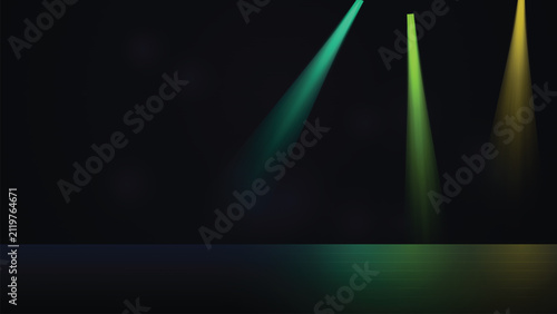 Empty stage setup with green and yellow beams of light spotlight lighting