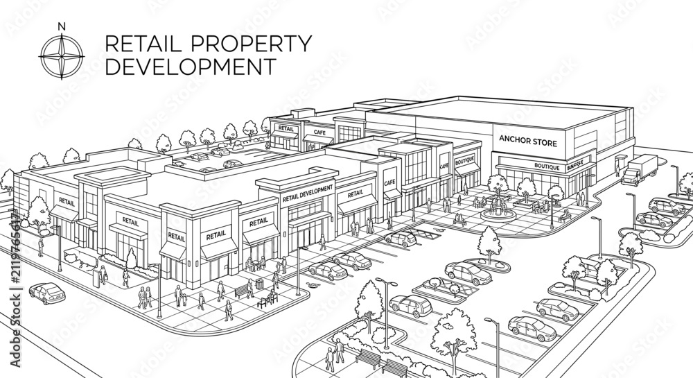 Obraz premium Urban retail property development showcasing modern commercial buildings designed for active public engagement and pedestrian traffic flow Modern commercial complex featuring varied retail storefronts