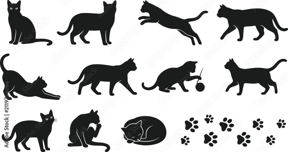 Fototapeta premium Cat Silhouette Collection with Paw Prints - Black Domestic Cat Poses Vector Set Isolated on White Background