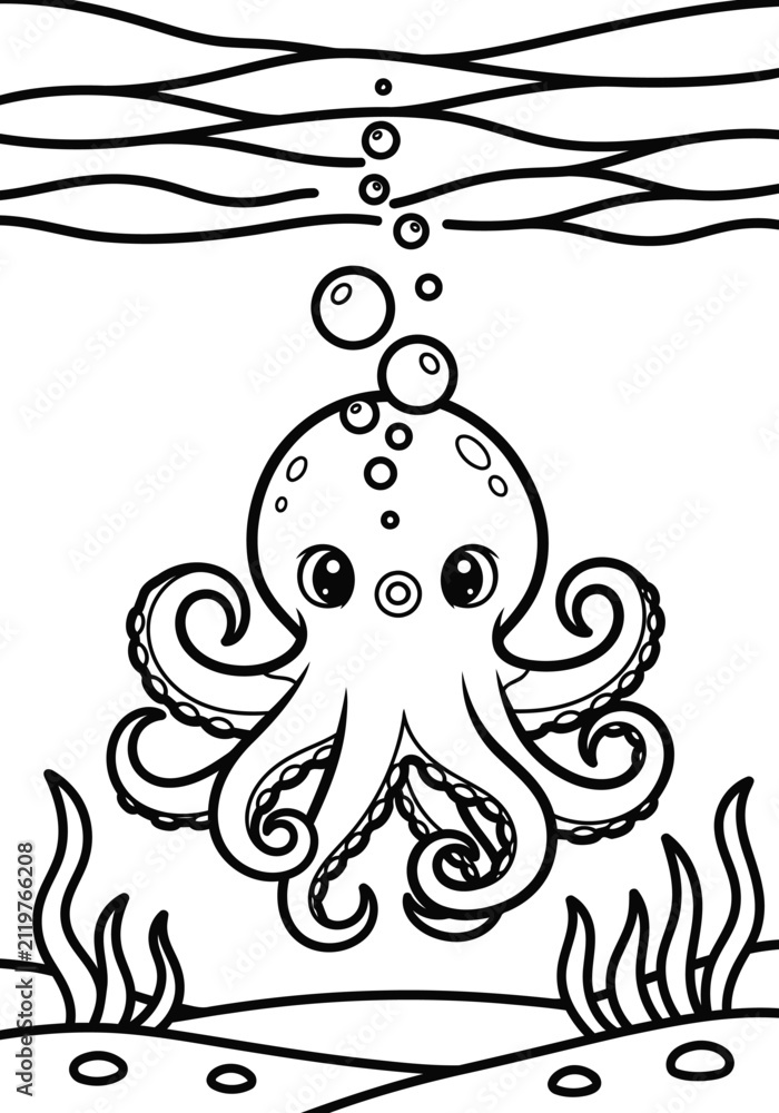 Obraz premium Black and white octopus illustration with bubbles