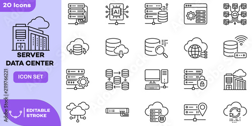 Server Data Center Cloud Computing Line Icon Set. Network Database Technology Outline Symbol Collection with AI Chip, Cloud Storage, Security, Hosting and Data Center Building Icons. Editable Stroke 