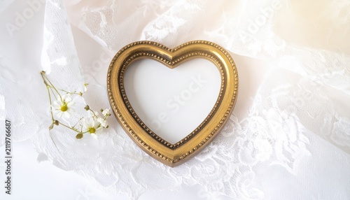 Vintage Golden Heart Frame Placed on Soft White Lace Fabric Surface with Floral Details