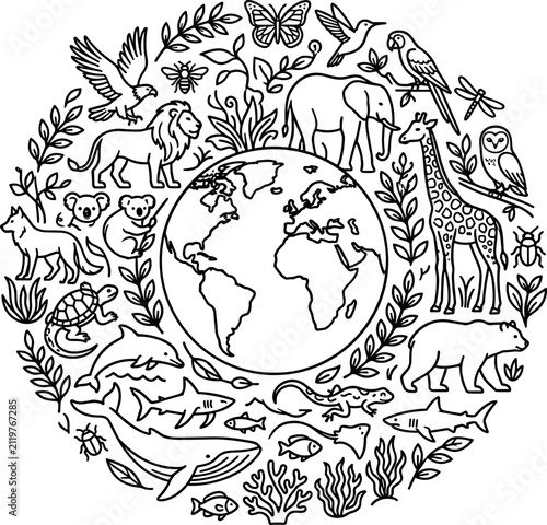 Canvas Print Black and white coloring page design featuring earth globe surrounded by diverse wild animals