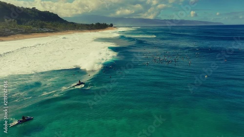 drone shot of surfers at Banzai Pipeline