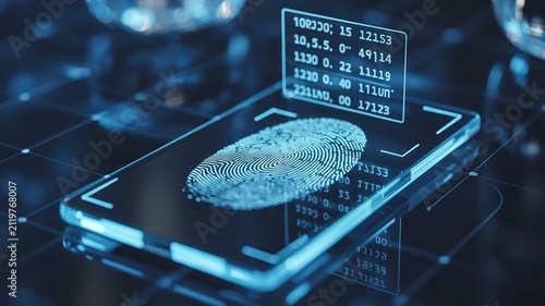 Fingerprint scanning technology displayed on a glowing smartphone screen with futuristic data overlays creating a sleek modern digital security concept