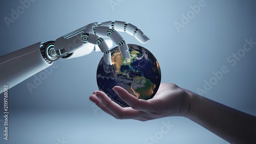 Robotic hand and human hand interacting with glowing planet earth sphere representing global connection and future advanced digital artificial intelligence