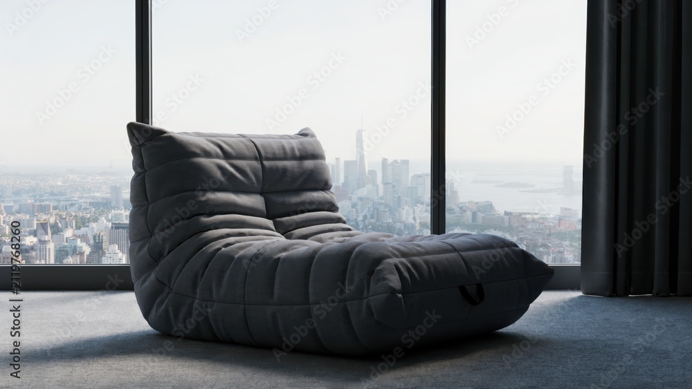 Obraz premium Modern quilted grey lounge chair in a luxury room with city view