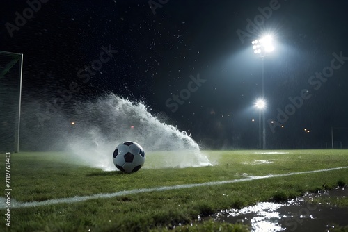 Soccer ball skimming across wet grass during a night match with frozen water spray, reflective floodlit turf and cinematic stadium atmosphere capturing fast-paced football action