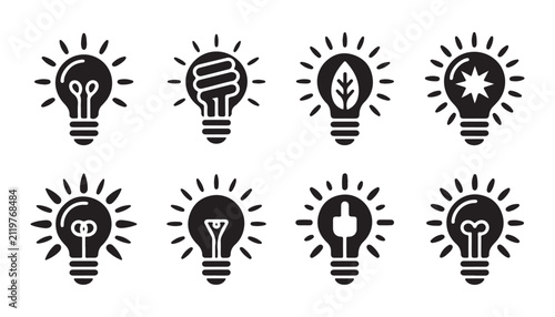 Bild auf Leinwand Eight light bulb icons featuring various filaments and internal symbols like leaves and electricity