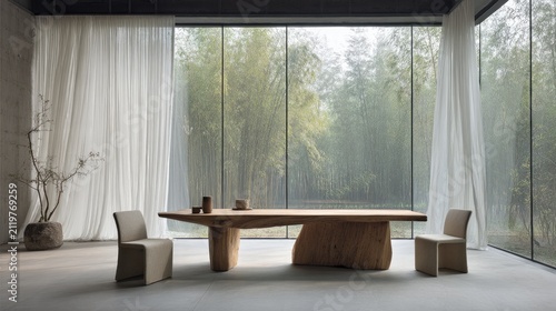 Modern interior design with wooden table and chairs large window view