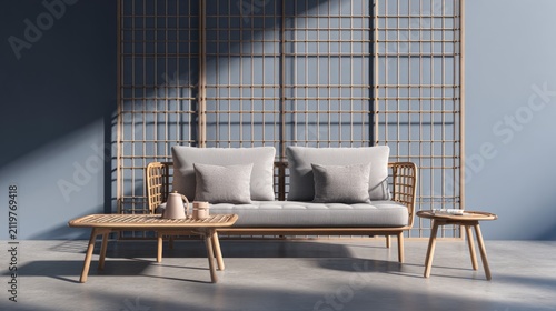 Modern living room furniture set with minimalist design and natural materials