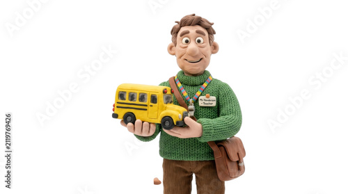 Friendly Male Teacher Claymation Character Holding Yellow School Bus Isolated