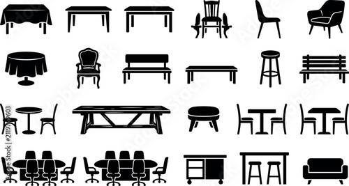 Furniture icon vector silhouette set featuring home and office tables chairs benches sofas and bar stools