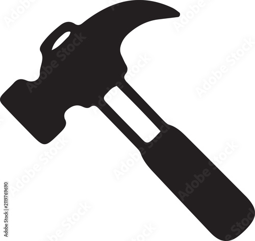 A bold black silhouette icon of a standard claw hammer isolated on a clean white background surface
