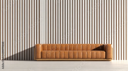 Modern leather sofa against vertical wooden panel background interior design