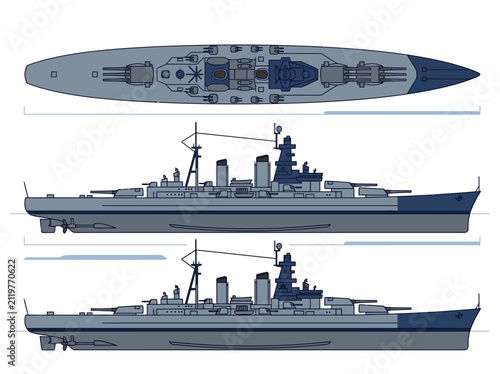 Bild auf Leinwand Military Battleship Vector Illustration - Top and Side Profile Views