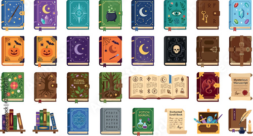 Fotografie Magic spell book vector icon set with fantasy witchcraft grimoires open manuals