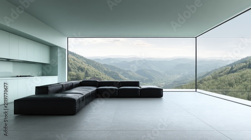 Modern interior with black sofa and panoramic view of mountains