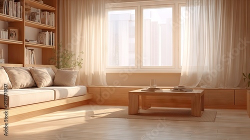 Cozy living room interior design with natural sunlight and wooden furniture