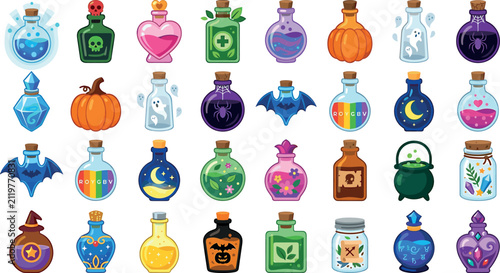 Magic potion bottle vector icon set featuring fantasy witchcraft elixirs ghosts pumpkins bats and halloween alchemy elements