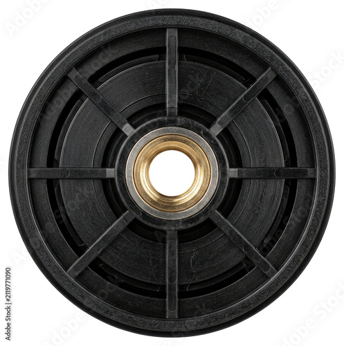 Industrial black plastic pulley wheel with brass hub on a transparent backdrop