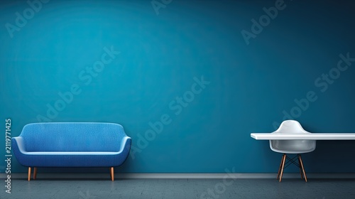 Modern blue sofa and minimalist white desk against a vibrant teal wall backdrop