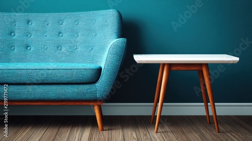 Modern teal sofa and table against blue wall in interior setting