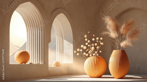 Minimalist interior design with arched windows and decorative vases