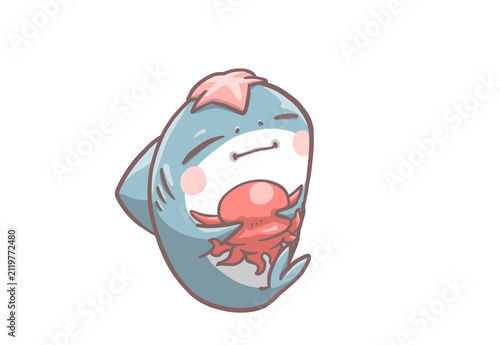 Cute Baby Shark Hugging an Octopus with a Starfish Illustration