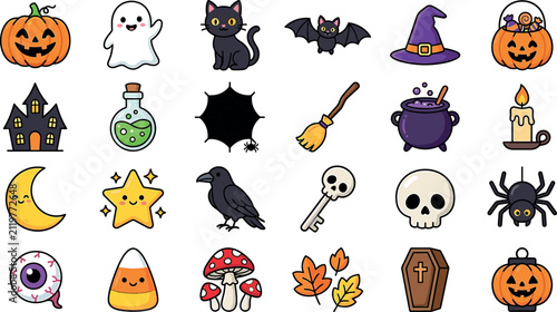 Quadro su tela Cute Halloween icon vector set with kawaii spooky elements pumpkin ghost cat wit